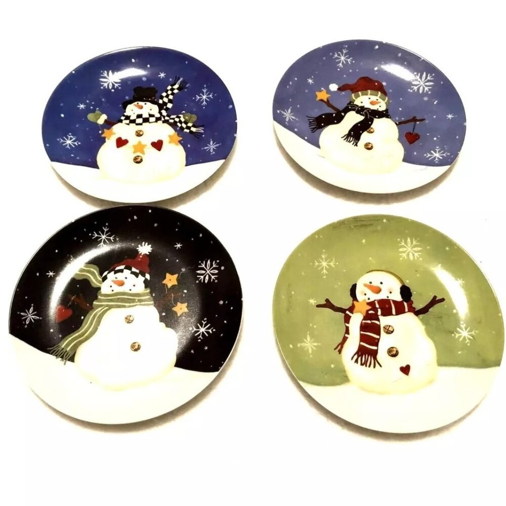 Santa's Workbench Christmas Snowmen Salad Dessert Plates Set of 4 w/ Box 8"